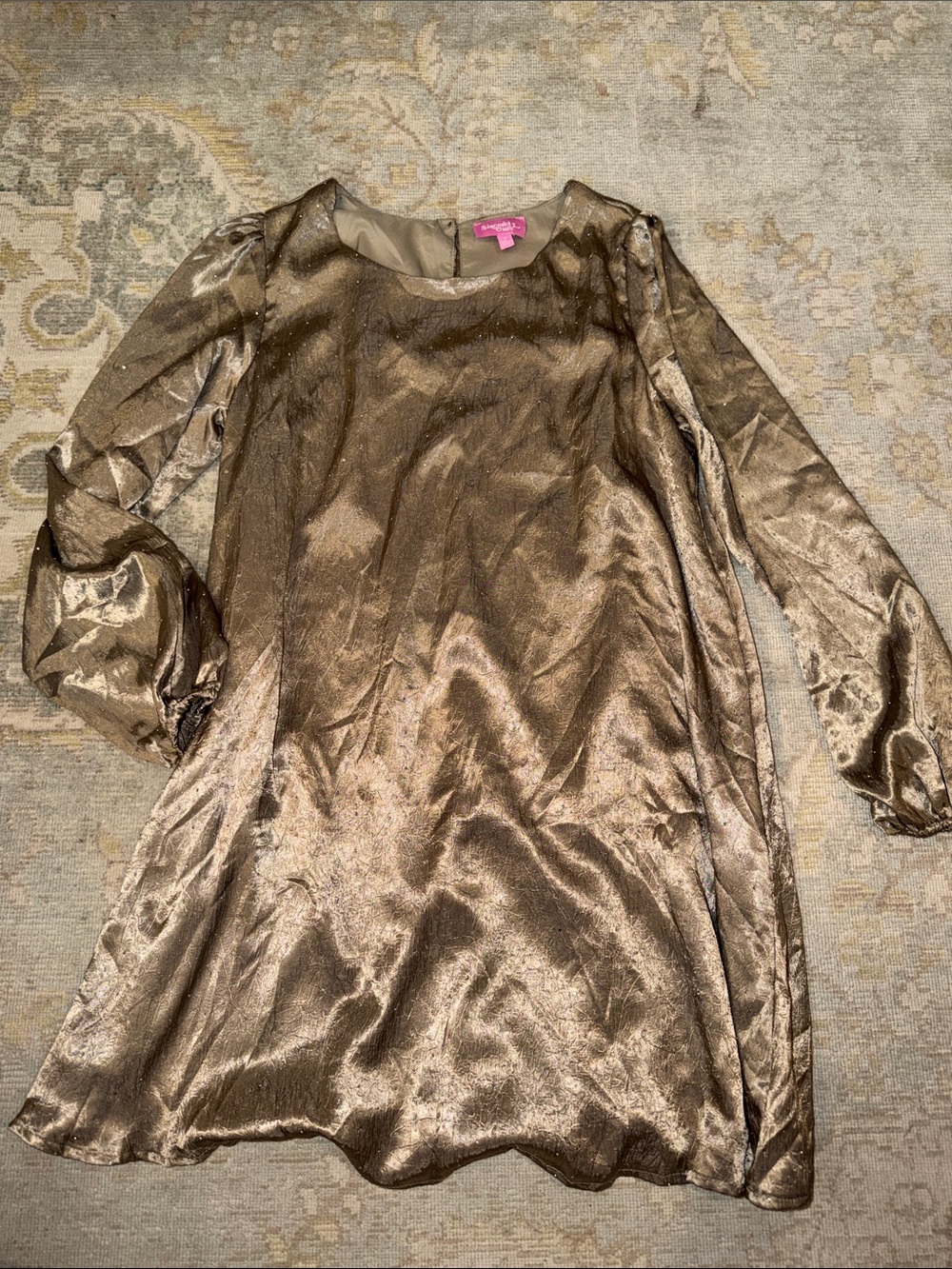 Sincerely Ours Metallic Bronze Satin Short Sleeve Dress